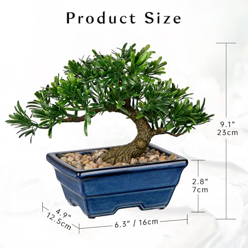 Artificial Bonsai Tree Faux Plants Indoor Small Fake Plants Decor with Blue Ceramic Pots for Home Table Office Desk Bathroom Shelf Bedroom Living Room Farmhouse Decorations - style: Maki- glaze basin