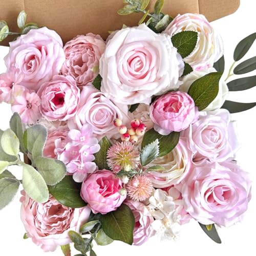 Blush Pink Artificial Flowers Combo Box Set Light Pastel Silk Roses with Stems DIY Bridal Wedding Bouquets Cake Fake Floral Arrangements Baby Shower Party Table Centerpieces Spring Home Decor Bulks - color: Blush, Pastel Pink