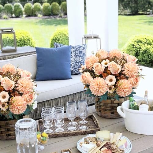 3 Pcs Fall Flowers Artificial Mums Silk Fake Mums Bouquet Faux Floral Arrangements Home Indoor Outdoor Planter Decor Party Wedding Table Autumn Decoration (Champagne) - color: Champagne