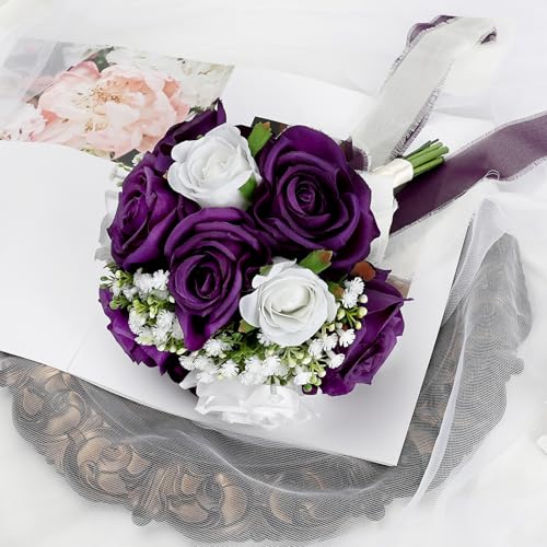 Wedding Bouquet for Bride - Premade Simple Artificial Roses Flowers for Bridal Shower Destination Ceremony Anniversary Decorations - Deep Purple & White - color: Deep Purple & White