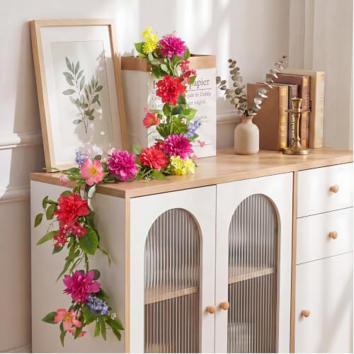 Giegxin 1 Pack 6 ft Artificial Flower Garland Flower with Dahlia and Wildflower Pink Purple Fake Wisteria Vines Summer Greenery Eucalyptus Garland for Wedding Mantle Porch Stair Table Indoor Decor - style: Dahlia,Wildflower