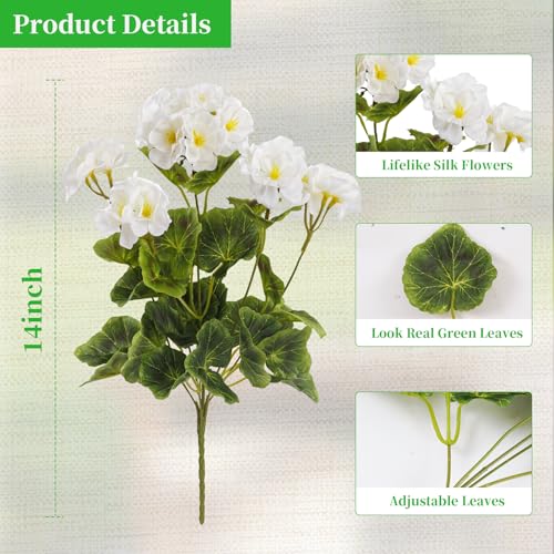 BonBloom's 12 Pack Geranium Artificial Flowers for Outdoors, Silk White Flower, UV Resistant Realistic Faux Plants for Windows Box Front Door Garden Porch Planter Patio Balcony Yard Indoor Home Decor - color: White, size: 12 pack