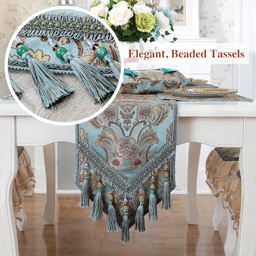 kilofly Elegant Floral Brocade Jacquard Table Runner Tassels (69 x 12 inches) - color: Blue, size: 69*12 inch