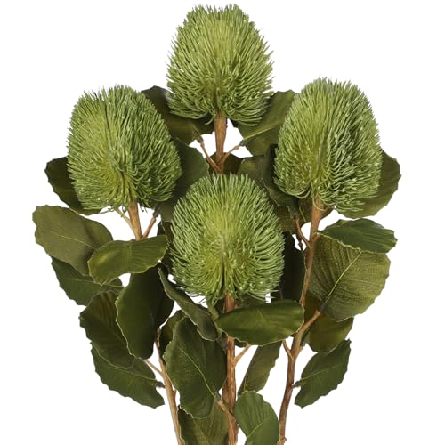 GnFlus 4Pcs Artificial Flowers Bouquets 23 Inch Fake Fall Flower Green Long Stem Autumn Faux Banksia Flowers Floral Arrangements for Home Bedroom Table Wedding Party Boho Decor - color: Green