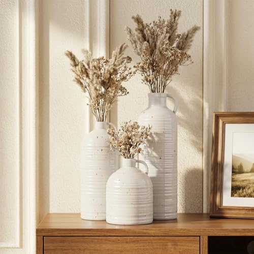 Firehold Ceramic Vase Set of 3, Rustic Farmhouse Boho Vases, Textured Country Home Decor, Small Decorative Vases for Shelves Mantel Table, Gift Set for Dried Pampas Grass & Fresh Flowers (White) - color: 01-white