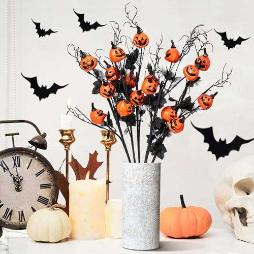 6 Pack Halloween Stems with Pumpkins & Black Maple Leaves – Faux Curly Willow Branches & Decorative Twigs for DIY Crafts, Home & Party Decoration
