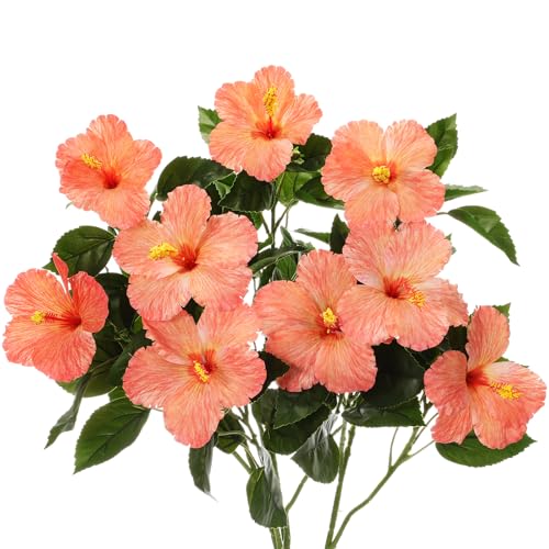 Hotop 3 Pack Artificial Hibiscus Flowers 33"x13" Silk & Plastic Tropical Bouquets Lifelike Blooms with Bendable Stems Faux Hawaiian Flowers for Home Living Room Wedding Patio (Orange) - color: Orange