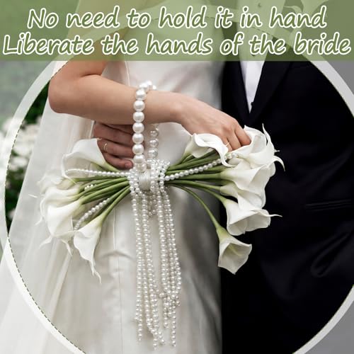 Yinder 14 Pcs Calla Lily Bridal Bouquet with Pearl Handle, Bridal Pearly Wedding Bouquet with Flowers with Pearl Bead for Wedding Marriage Party Church Bridesmaid