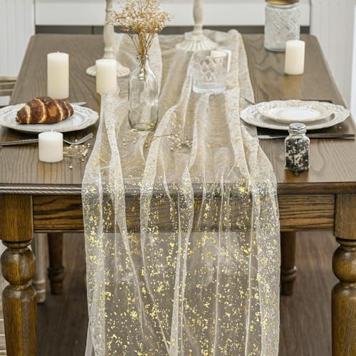 Artoid Mode Beige Gold Gauze Table Runner 120 Inch 10FT, Glitter Metallic Foil Sheer Dining Wedding Anniversary Holiday Birthday Table Decor for Home Party - color: Beige Gold, size: 28" x 120"