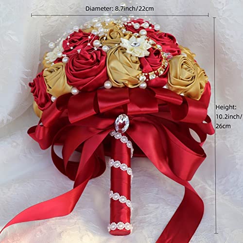 Bridal Wedding Bouquet with Rhinestone Brooch Pearl Bouquet for Bride Bridesmaid Quinceanera Satin Rose Flower Bouquet Wedding Burgundy and Gold 8.7in - color: Burgundy and Gold (Standard Size: Dia.8.7")