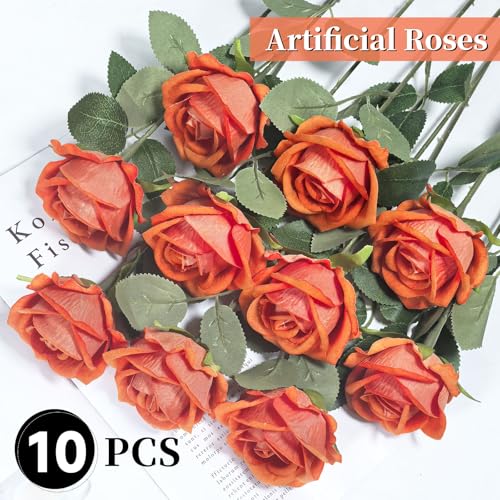 10 PCS Artificial Roses with Long Stems Silk Flowers Realistic Foam Flowers Fake Roses for Valentine's Day Autumn Fall Decor Halloween(Orange) - color: Orange