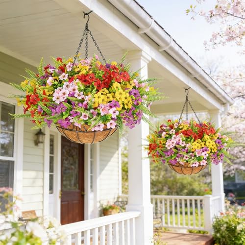 Elyum 2 Pack Artificial Hanging Flowers for Outdoors, UV Resistant Fake Flowers with Hanging Baskets, Artificial Flowers for Decoration Outdoors Garden, Spring Decor for Patio Porch(Mixed Color) - color: Red Pink Yellow Green, size: 2 Pack