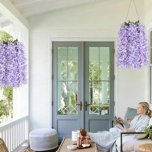 RECUTMS Artificial Lilac Flowers Garland 33.5in Faux Hanging Wisteria Vines 6Pcs Fake Silk Lilac Floral Decoration for Home Garden Wedding Arch Birthday Party Indoor Outdoor (Purple) - color: Purple-6p