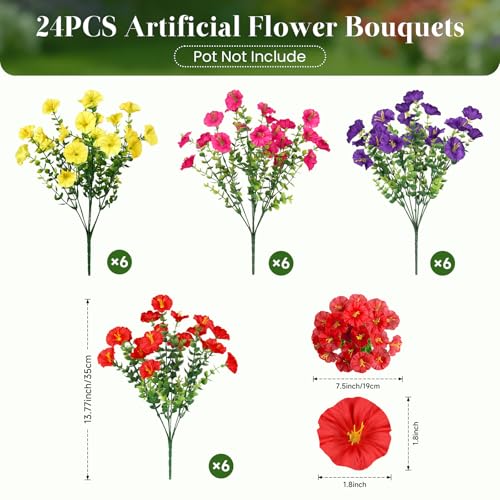 Alupssuc 24 Bundles Artificial Flowers for Outdoors, Faux Spring Flowers for Decoration, UV Resistant Silk Morning Glory with Eucalyptus Realistic Fake Flowers for Yard Planter Porch Garden, 4 Colors - color: Red, Fuchsia, Deeppurple, Yellow