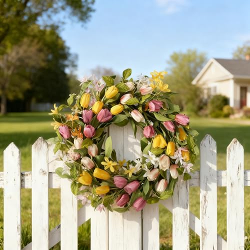 22" Tulip Wreath Spring/Summer Wreaths Artificial Floral Wreaths for Front Door Yellow Pink Tulip Easter Wreath for Indoor Outdoor Home Holiday Party Wedding Decor