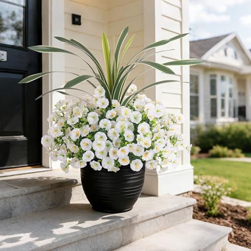 INXUGAO Artificial Flowers for Spring Outdoors Fake Plants Outside, 12 Bundles Silk Morning Glory with Eucalyptus UV Resistant Realistic Faux Flowers for Porch Planter Garden Patio Decor (White) - color: White