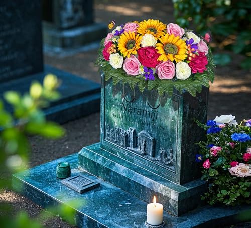 Artificial Cemetery Flowers Saddle and Headstone Flower Saddle -Pink Roses Sunflower Hibiscus Mix Bouquet, Sympathy & Memorial Flower