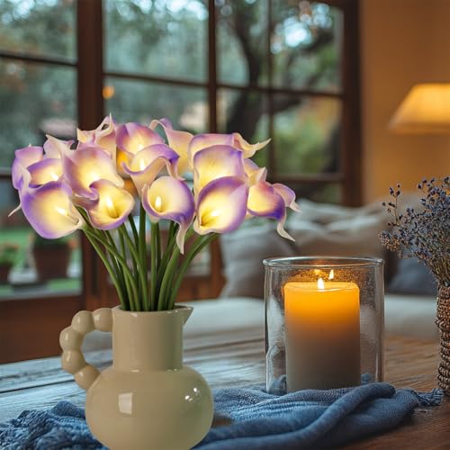 20pcs Lighted Artificial Calla Lily Bouquet Faux Floarl Night Light Real Touch Flower Night Light LED Calla Lily lighted Artificial Flower for Holiday Gifts Home Kitchen Decor(Light Purple, No Vase) - color: Light Purple