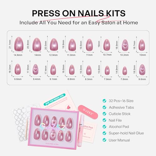 32Pcs Soft Gel Press on Nails for Women, Pink Heart, Short Almond | Magnetic Glass Cat Eye False Fake Nails Press Ons for Office Daily Wear, Salon Quality Reusable Glue & Stick on Nail Gift Kit - color: 1C-Pink Heart