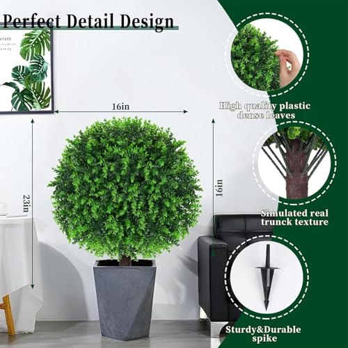 2Pcs Artificial Topiary Ball Trees for Outdoor 16" UV Resistant | Artificial Shrubs With Ground Spike,Faux Plants, Fake Evergreen Bushes for Indoor Front Porch Garden Decor - color: Eucalyptus