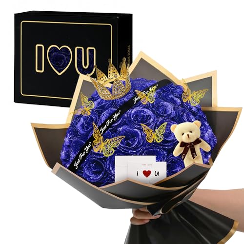 Blue Glitter Roses Bouquet Forever Flowers, 36 Pcs DIY Artificial Glitter Rose Bouquet with Bear & Butterfly, Eternal Flowers Gifts for Her, Girlfriend, Valentines, Birthday, Mother's Day - color: Fba-blue