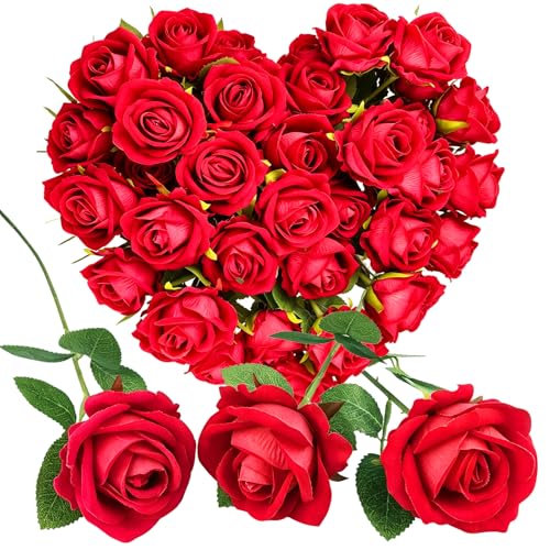 Rose Artificial Flowers Velvet Bouquet with Long Stem Real Touch Fake Roses Florals for Bridal Wedding Bouquet Party Arrangement Centerpiece Decorations (36, Red) - color: Red