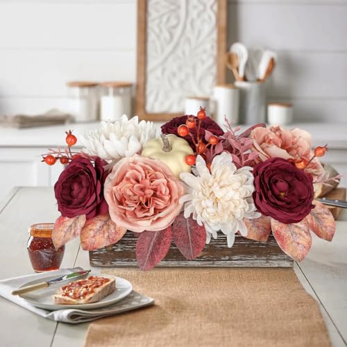 DILATATA Fall Decor Autumn Harvest Pumpkins Centerpiece - Artificial Rose Chrysanthemum Flowers Berries Arrangement in Rectangle Wooden Box for Thanksgiving Party Mantel Fall Decor - color: 12"l Burgundy&white