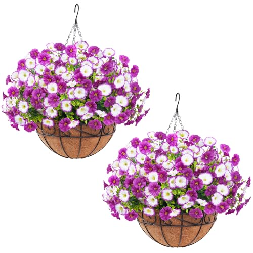 Elyum 2 Pack Artificial Hanging Flowers for Outdoors, Fake Flowers Artificial Petunias Hanging Baskets for Outdoors, UV Resistant Fake Hanging Plants Flowers for Outside Garden Patio Porch Decor - color: Purple&light Purple, size: 2 Pack