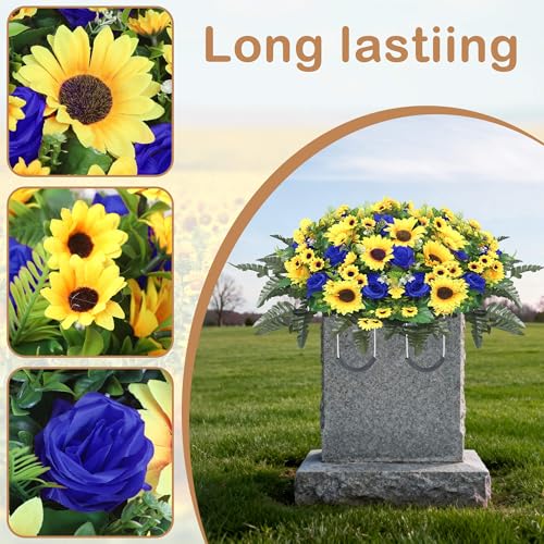 Lodou Artificial Cemetery Flowers for Grave,Headstone Flower Saddle Silk Sunflowers Grave Flowers for Cemetery Memorial for Outdoor Gravesite Decoration (Blue) - color: Blue