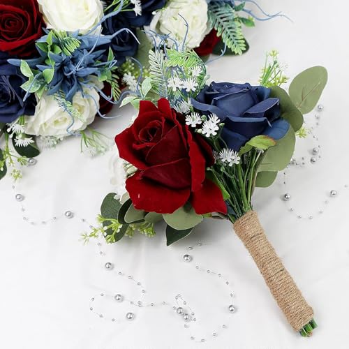 Bridesmaid Bouquets for Wedding 1 Pack - 9 Inch Artificial Flowers Bouquets for Ceremony Anniversary Centerpieces Decorations - Burgundy & Navy Blue & White - color: Burgundy & Navy Blue, size: Set of 1 Bridesmaid Bouquets