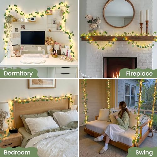 HEYFUNi Eucalyptus Vines with Lights & Remote, 13Ft 40 LED Fake Eucalyptus Garland Fairy Lights, USB & Battery Operated, 8 Modes Dimmable Timer for Bedroom Wall, Dorm Room, Wedding Decor, Warm White - color: Eucalyptus, size: 40 LED-USB & Battery