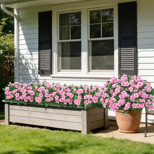 6 Pcs Artificial Flowers for Outdoors Fake Silk Periwinkle Flowers Faux Plants UV Resistant Bouquet Decorations for Planters Spring Summer Garden Porch Patio Window Box Balcony Home, Pink - color: Pink