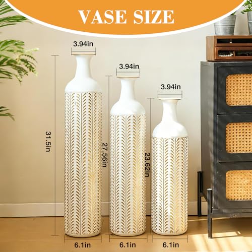 Floor Vases, Tall Home Decor Metal Vase Set of 3 Large Glazed Decorative Vases for Wedding Decor, Elegant Modern Flower Holder for Living Room, Entryway, Hallway - color: Leaf White Gold