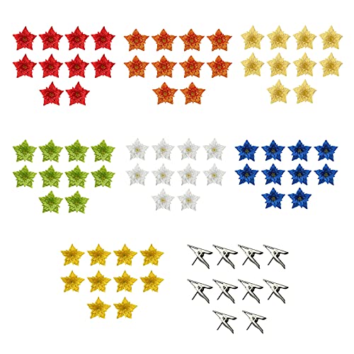 Eeghurt 10 Pcs Christmas Glitter Poinsettia Artificial Flowers Decorations with 10 Pcs Clips, 7.1 Inches Large Fake Double Layer Flowers Wedding New Year Ornaments for Xmas Tree Decor, Yellow.