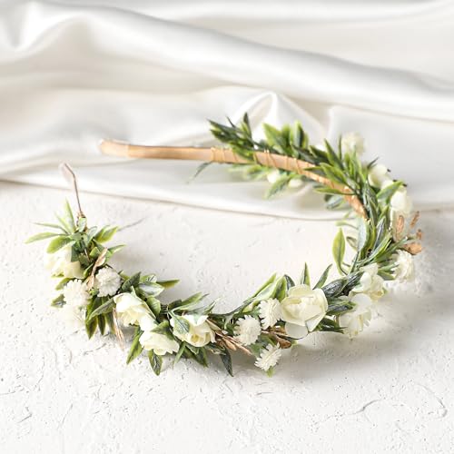 White Flower Crown Headband, Artificial Fairy Rose Floral Headpiece, Bridal Boho Flower Headbands for Women Girls Maternity Birthday Wedding Renaissance Festival Party Hair Accessories - color: White