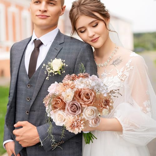 Kisflower Flowers Artificial Combo Cake Flowers Decorations Fake for DIY Wedding Bridal Bouquet Centerpieces Arrangements (Boho Nude) - color: Boho Nude