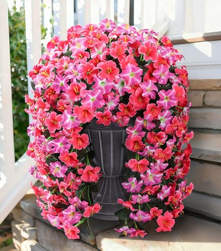 Ivydale Artificial Hanging Flowers for Outdoors, Faux Morning Glory 2Pcs UV & Fading Resistant Silk Flower for Porch Patio Balcony Planter Yard (Rose Red) - color: Rose Red