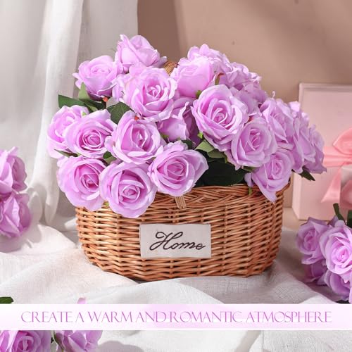 Jexine 50 Pcs Artificial Rose Flower Bulk Realistic Silk Fake Roses with Long Stem Plastic Artificial Flower Bouquet Real Looking for Home Wedding Centerpieces Party Decoration(Light Purple) - color: Light Purple