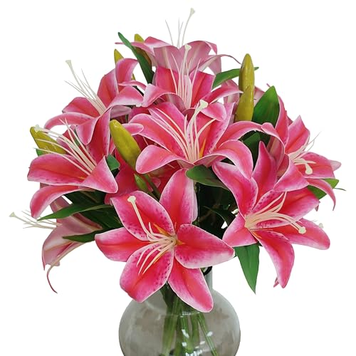 ATFL Artificial Lilies Flowers,9 Pcs Faux Lily Flowers,16''Tiger Lily Branches with 2 Full Blooms and 1 Bud,Faux Fake Lilies Plants for Wedding Bouquet Floral Arrangements (9, hot Pink) - color: Hot Pink