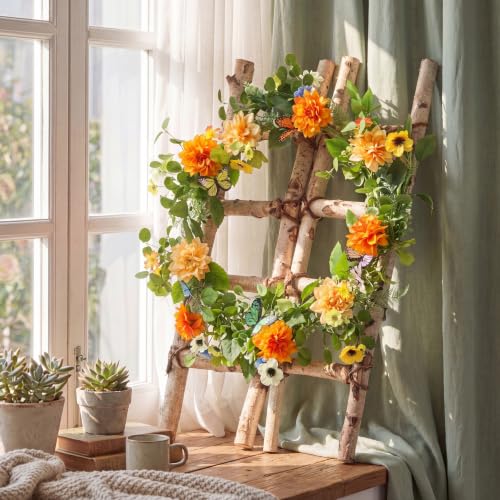 Giegxin 1 Pack 6 ft Artificial Flower Garland Flower with Dahlia and Daisy Yellow Fake Butterflies Wisteria Vines Summer Greenery Eucalyptus Garland for Wedding Mantle Porch Stair Table Indoor Decor - style: Dahlia,Daisy Flower,Butterflies