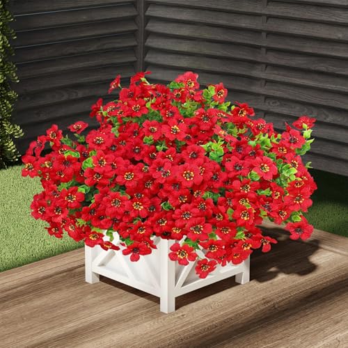 Artificial Outdoor Flowers 16 Bundles UV Resistant Fake Mums Flowers Plants for Decoration Indoor Outdoor Window Box Hanging Planter Home Porch Decor Plastic Faux Flowers (Red) - color: Red