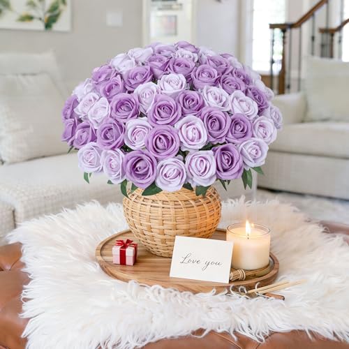 50 PCS Purple Roses Artificial Flowers, Fake Roses with Stem Realistic Silk Roses for DIY Wedding Bouquets Table Centerpieces Arrangements Baby Shower Birthday Home Decor Valentine's Day Gift for Her - color: Dusty Violet & Pale Lavender