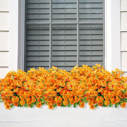 10pcs Outdoors Artificial Mum Flowers UV Resistant Daisy Fake Silk Chrysanthemum Greenery Faux Eucalyptus Plants for Spring Summer Garden Patio Window Box Planter Home Decor(Orange) - color: Orange