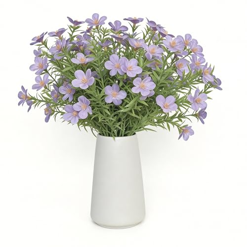 Artificial Purple Gypsophila Baby's Breath Flowers in Ceramic Vase, 6 Inch White Vase with Faux Cosmos Arrangement, Farmhouse Table Centerpiece for Home Office Shelf Desk Decor - color: Purple