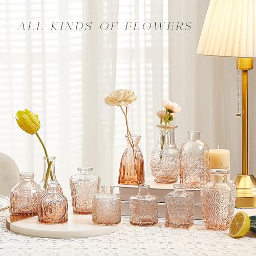 Glass Bud Vase Set of 16, Small Flower Vases, Glass Vases for Centerpieces, Vintage Home Table Decorations Bud Vases (16 Pcs, Amber) - color: Amber, size: 16 Pcs
