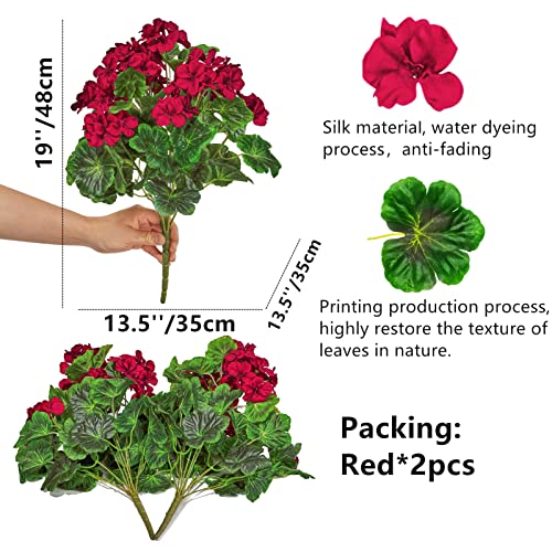 2Pcs 19'' Realistic Artificial Geranium, Uv Resistant, Wedding Kitchen Garden Table Centerpieces Indoor Outdoor Decor (Red Geranium Flower) - color: Red Geranium Flower