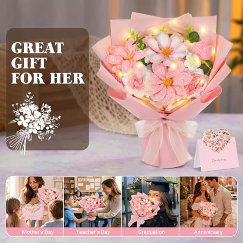 Crochet Flower Bouquet, Pink Handmade Knitted Flowers with Lights & Vase, Crochet Tulips Galsang Liliy Rose Daisy Flower for Mothers Day Graduation Wedding Lover Teacher Anniversary Birthday Gifts - color: Pink