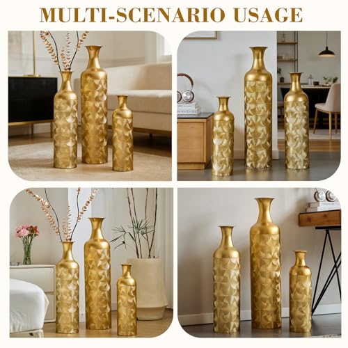 Floor Vases, Tall Home Decor Metal Vase Set of 3 Large Glazed Decorative Vases for Wedding Decor, Elegant Modern Flower Holder for Living Room, Entryway, Hallway (Gold, Set of 3) - color: Gold