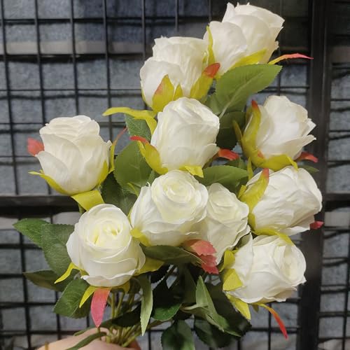 Artificial Roses 10 Pcs - Lifelike Single Stem Fake Roses with Natural Petal Texture,Fade-Resistant Silk Flowers for Wedding Decor,Home Vase Arrangements,Party Centerpieces(10, Creamy White) - color: Creamy White