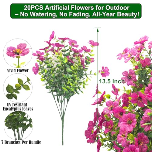 Grunyia 20 Bundles Artificial Flowers for Outdoors, UV Resistant Fake Plants Flowers Greenery Shrubs Plants for Decoration Outside Plants Hanging Planter Home Garden Decor (Rose Red) - color: Rose Red